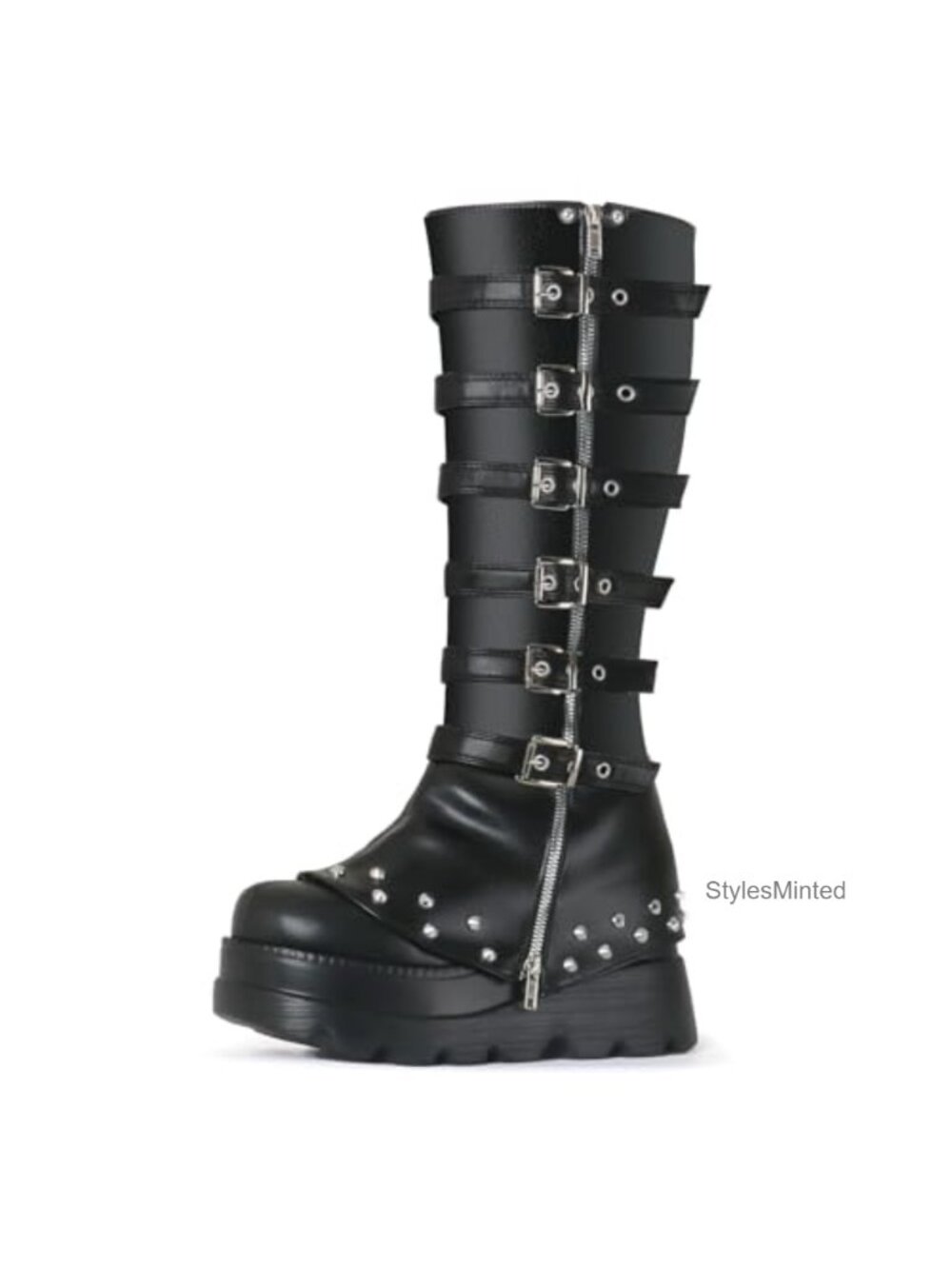Women's Knee High Goth Platform Boots Punk Buckle Chunky Heels Vegan Leather